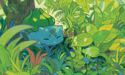 bulbasaur laying in the shade of a tree